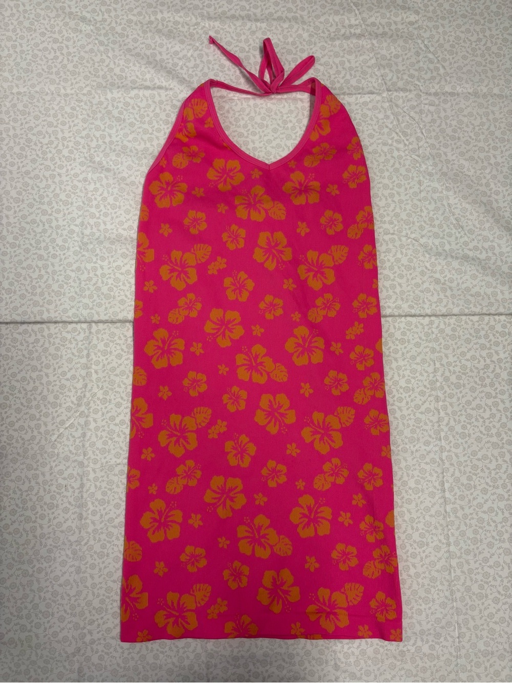 No Boundaries Women's S (3-5) Halter Mini Dress Pink Orange Floral Knit Tie